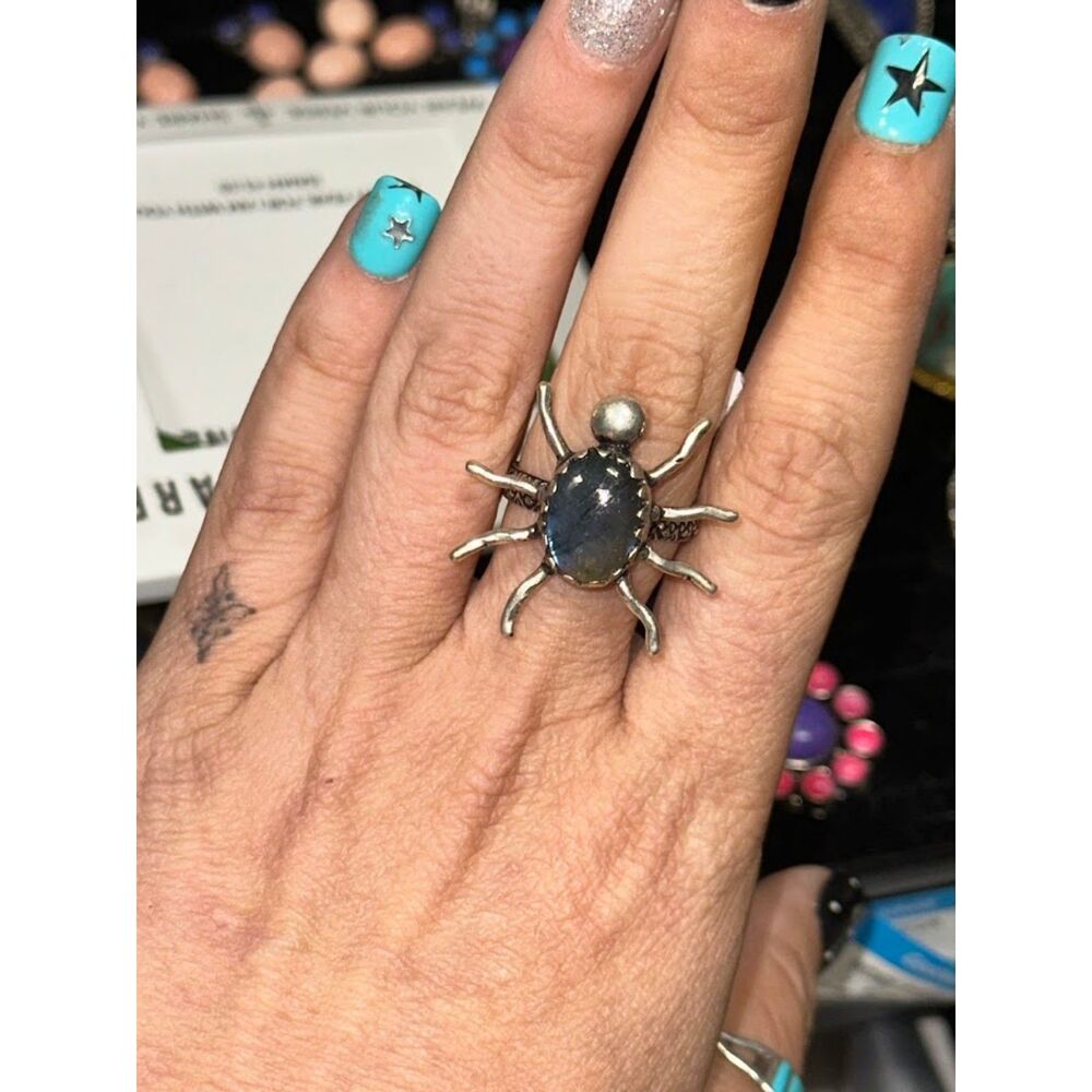 Labradorite Spider Sterling Silver Overlay Ring Size 10